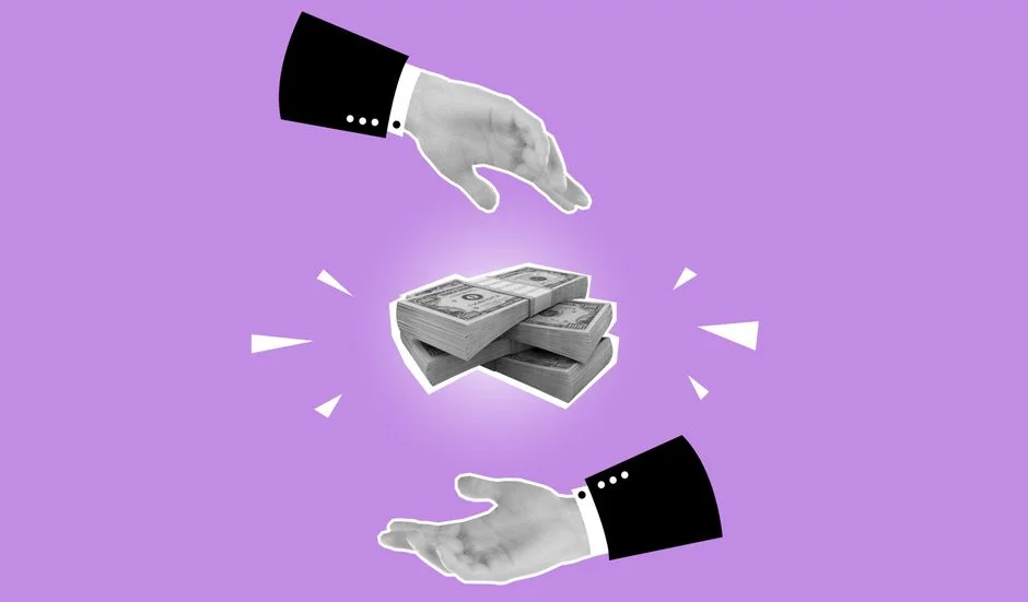 Hands exchanging decorated banknote appliques, symbolizing competitive GTM engineering salaries in 2026.