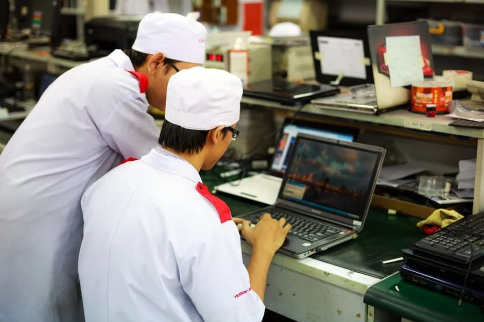 Two technicians collaborate on laptops in a lab, representing the teamwork behind a GTM engineer's career.