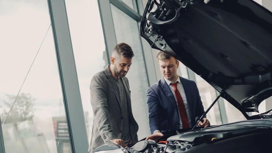 Two men inspect a car engine under an open hood in a showroom, reflecting the hands-on technical work of a GTM engineer