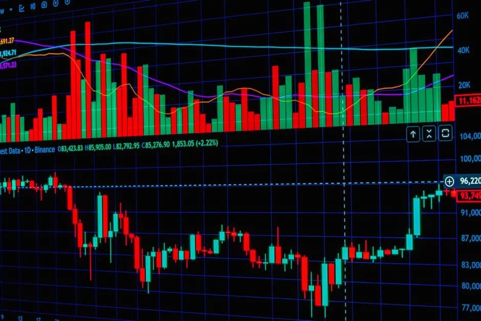 Colorful bar chart showing price movements and trend lines on a digital screen.